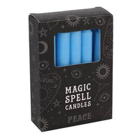 Pack of 12 Light Blue 'Peace' Spell Candles.
