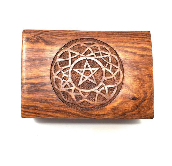 Pentagram In Celtic Circle Carved Wood Box
